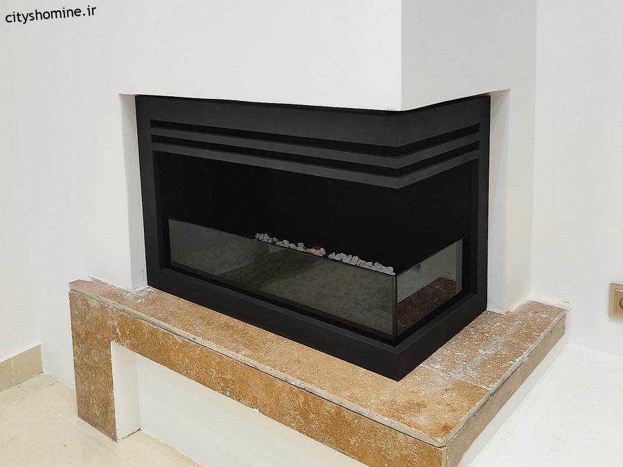 شومینه گازی کنج یا شومینه گازی دوطرفه شومینه گازی کنج مدل ال به راست دو نرده