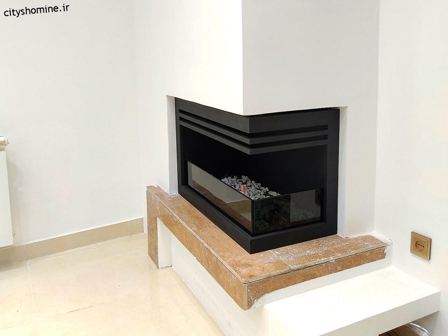 شومینه گازی کنج یا شومینه گازی دوطرفه شومینه گاز سوز کنج با دونرده ازبالا و نیم شیشه دودی