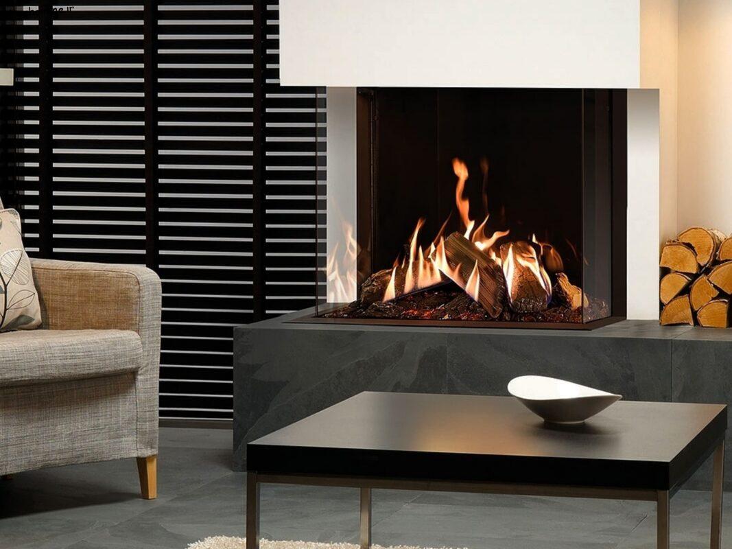 شومینه گازی تمام شیشه شفاف مدل سه طرفه