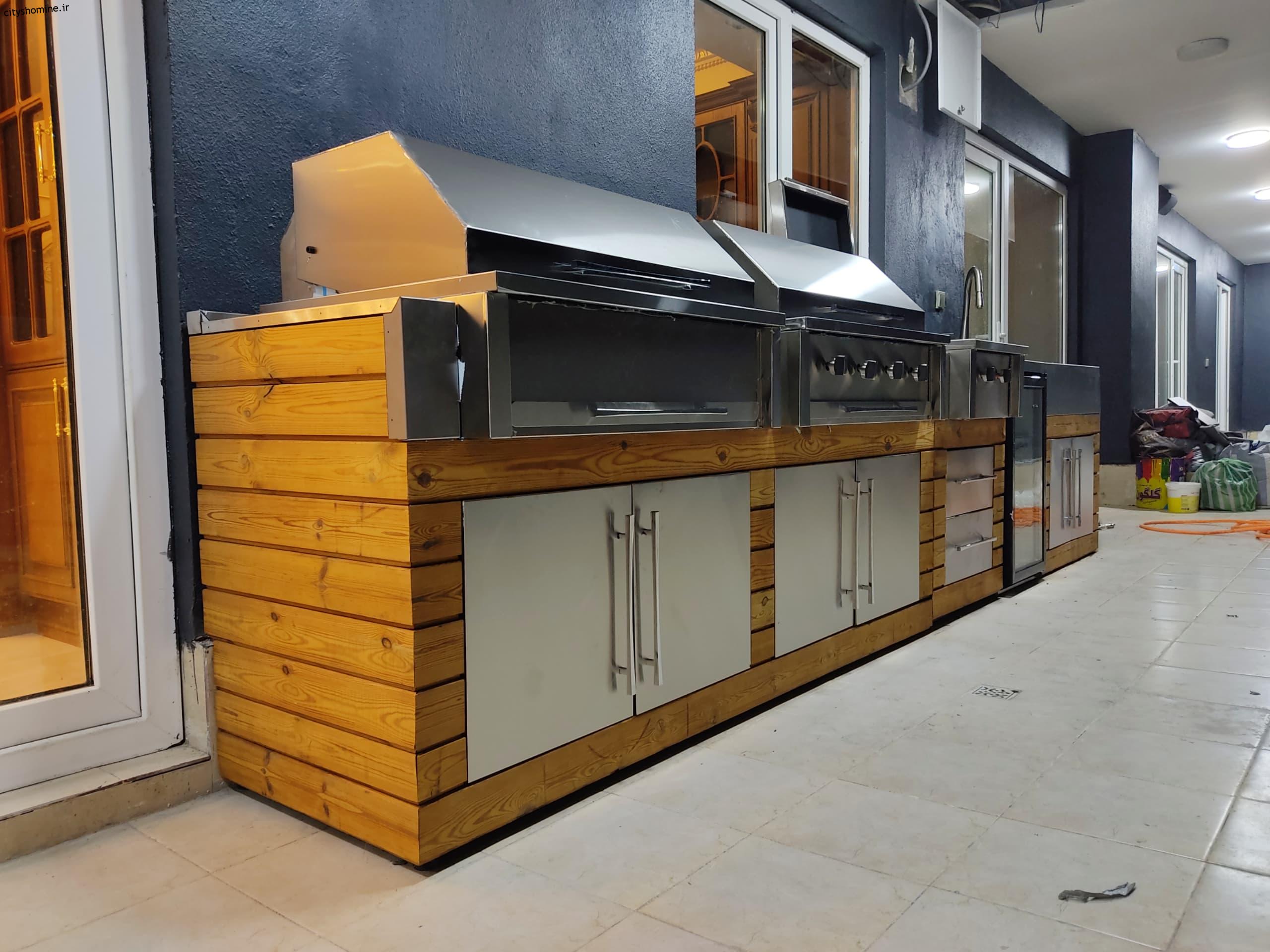 خرید شومینه باربیکیو استیل (باربیکیو آیلند) باربیکیو آیلند یا استیل با نمای ترموود و درب های کابینتی