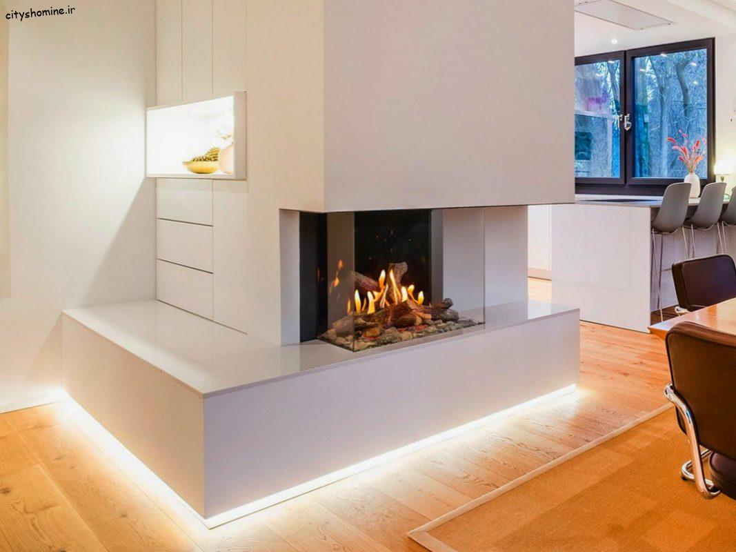 شومینه گازی سه طرف نمای شیشه ای با شیشه شفاف نشکن