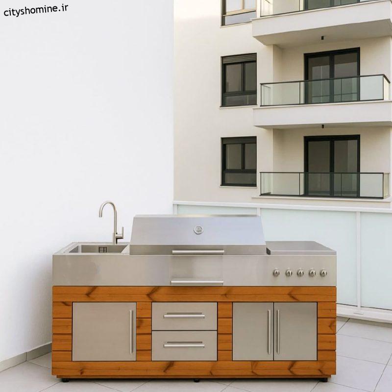 باربیکیو در تراس با متریال استیل و چوب ترموود